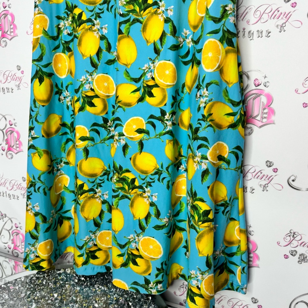 Yelete dress Lemon Print Blue yellow pockets on sides Tshirt style - Picture 3 of 11